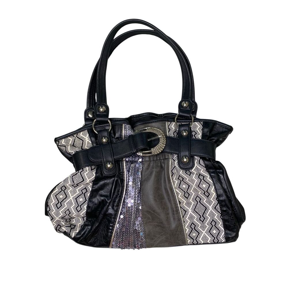 Y2K Patchwork Sequin Buckle Satchel Handbag Faux Leather Purse Tote Grunge